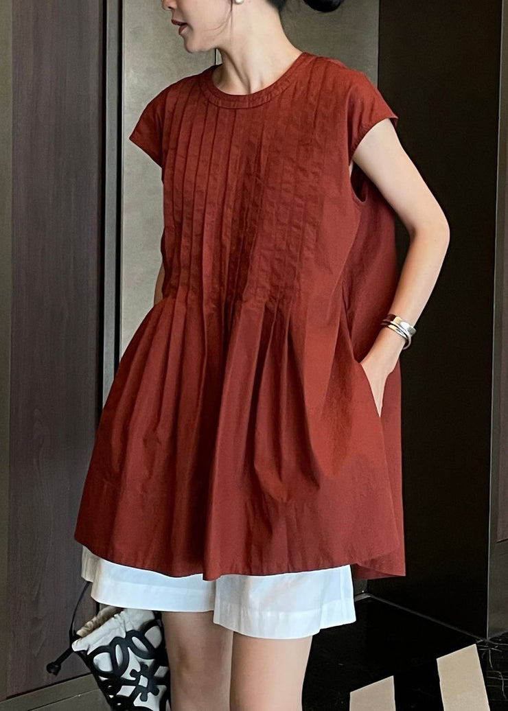 Cute Terracotta Comfortable Fabric Pleated Shirt Sleeveless