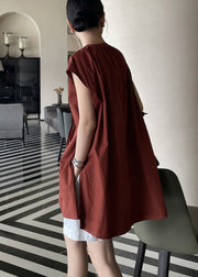 Cute Terracotta Comfortable Fabric Pleated Shirt Sleeveless