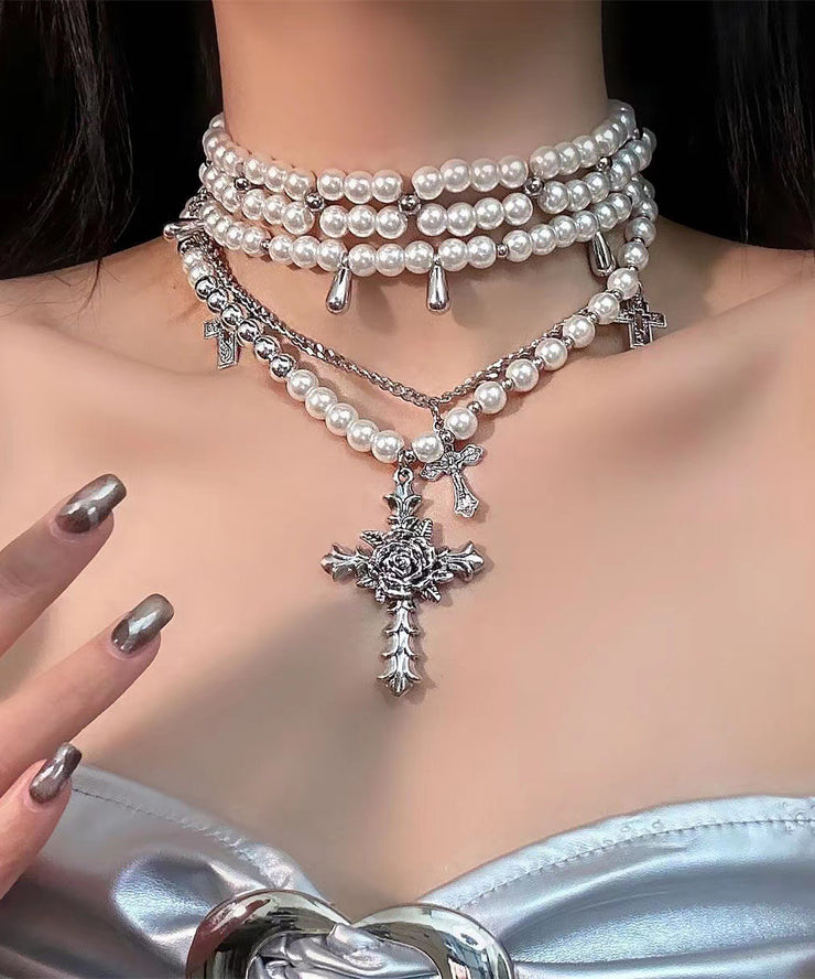Cute White Alloy Pearl Multilayer Cross Gratuated Bead Necklace