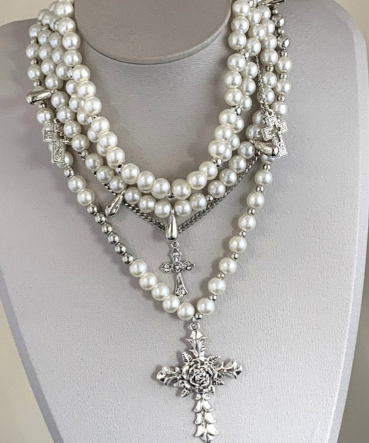 Cute White Alloy Pearl Multilayer Cross Gratuated Bead Necklace