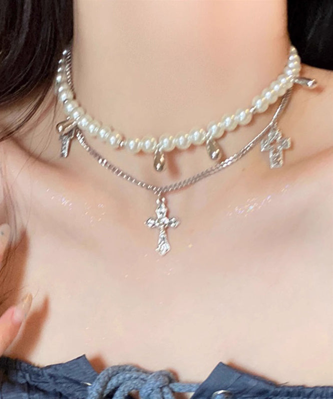 Cute White Alloy Pearl Multilayer Cross Gratuated Bead Necklace
