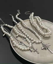 Cute White Alloy Pearl Multilayer Cross Gratuated Bead Necklace