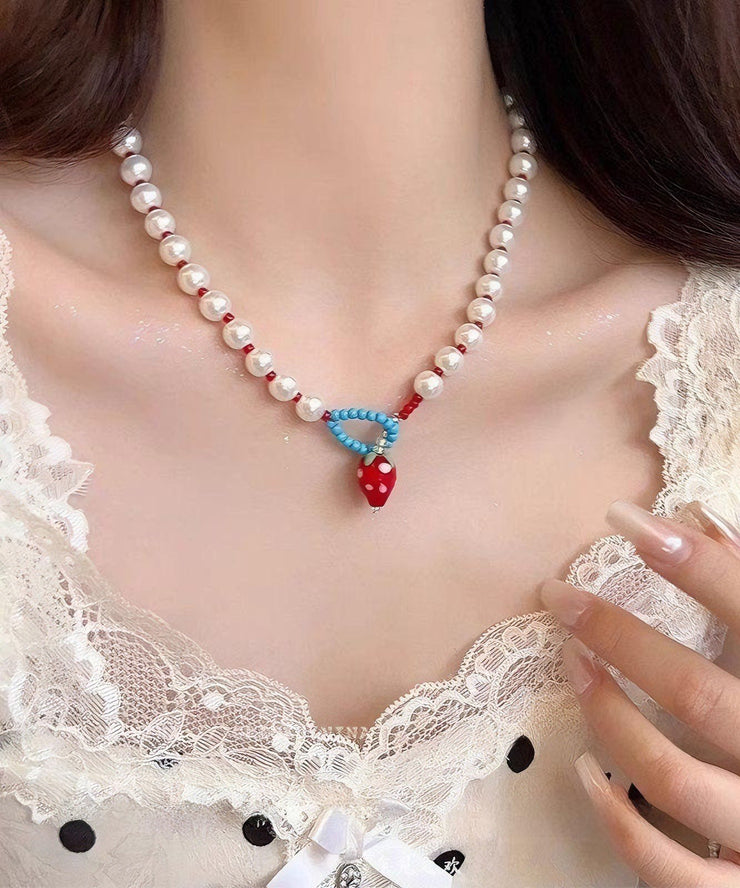 Cute White Alloy Strawberries Pearl Princess Necklace