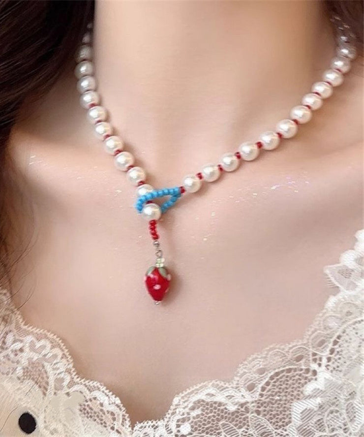 Cute White Alloy Strawberries Pearl Princess Necklace