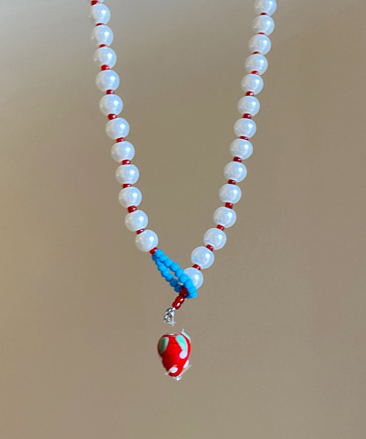 Cute White Alloy Strawberry Pearl Pendant Necklace