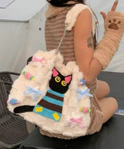 Cute White Cat Embroideried Fuzzy Fur Fluffy Girls Flap Bag