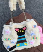 Cute White Cat Embroideried Fuzzy Fur Fluffy Girls Flap Bag