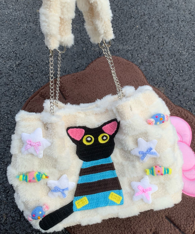 Cute White Cat Embroideried Fuzzy Fur Fluffy Girls Flap Bag