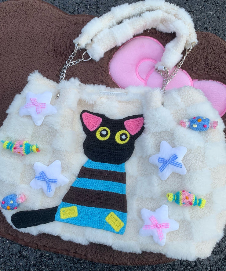 Cute White Cat Embroideried Fuzzy Fur Fluffy Girls Flap Bag