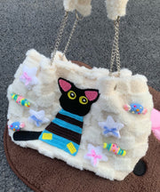 Cute White Cat Embroideried Fuzzy Fur Fluffy Girls Flap Bag