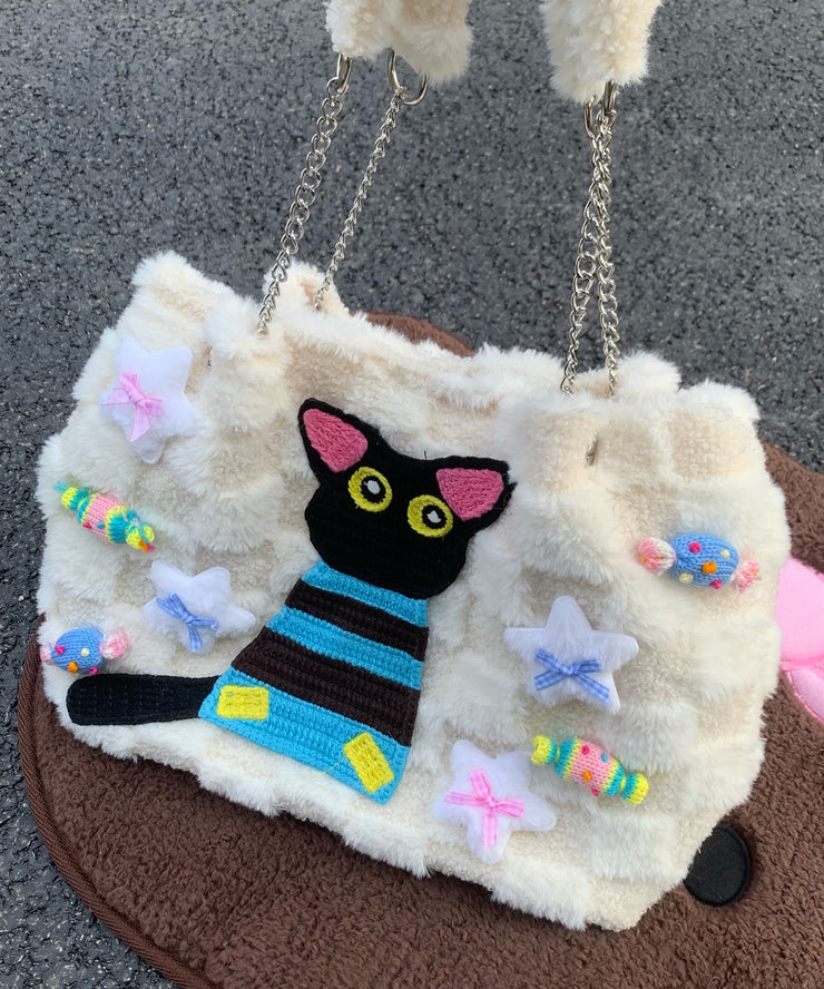 Cute White Cat Embroideried Fuzzy Fur Fluffy Girls Flap Bag