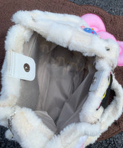 Cute White Cat Embroideried Fuzzy Fur Fluffy Girls Flap Bag