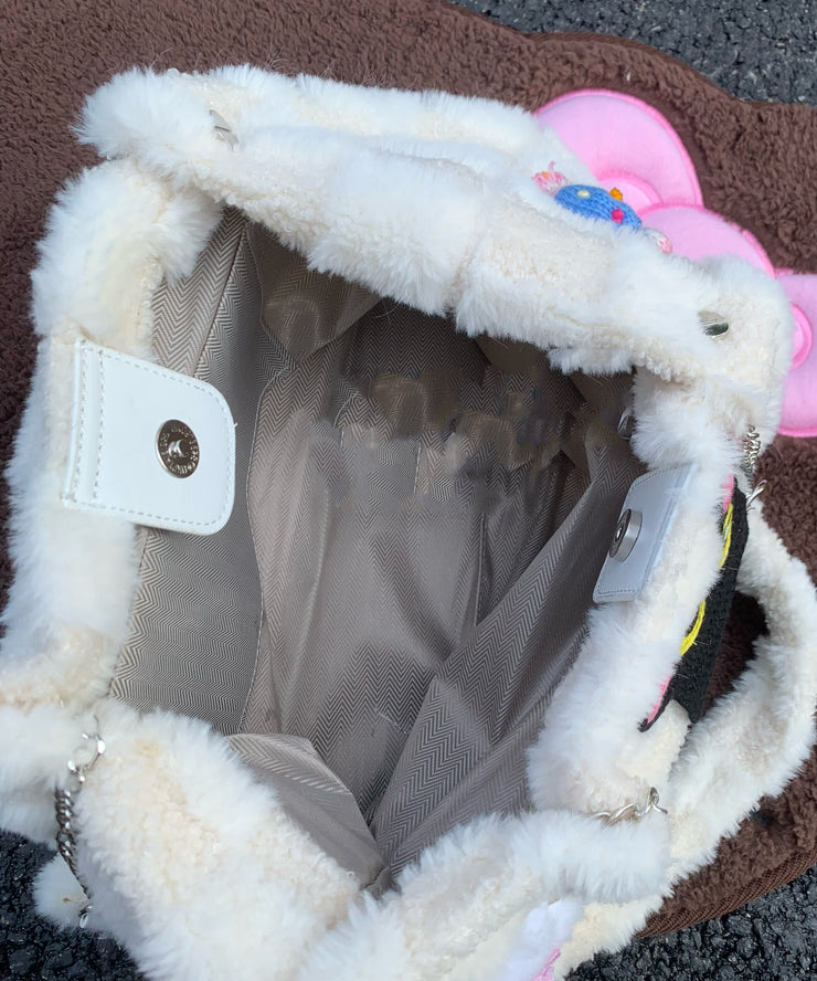 Cute White Cat Embroideried Fuzzy Fur Fluffy Girls Flap Bag