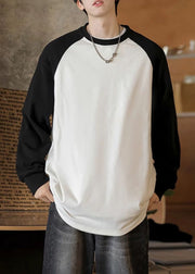 Cute White Oversized Patchwork Cotton Men Sweatshirt Fall