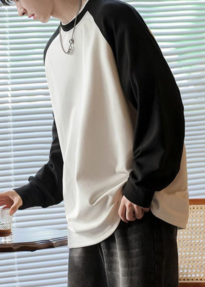 Cute White Oversized Patchwork Cotton Men Sweatshirt Fall