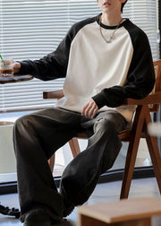Cute White Oversized Patchwork Cotton Men Sweatshirt Fall
