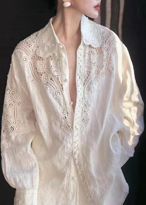Cute White Peter Pan Collar Hollow Out Button Top Lantern Sleeve