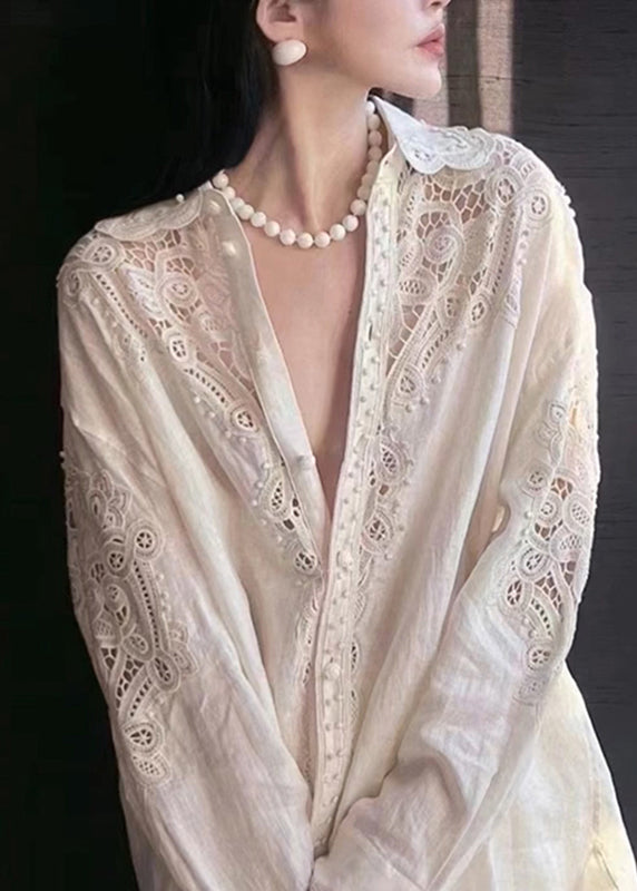 Cute White Peter Pan Collar Hollow Out Button Top Lantern Sleeve