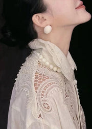 Cute White Peter Pan Collar Hollow Out Button Top Lantern Sleeve