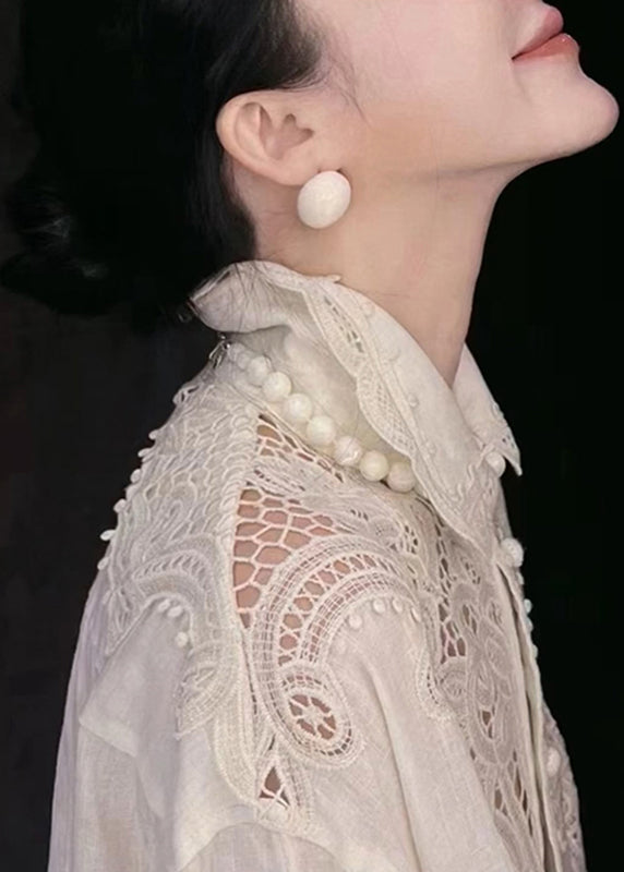 Cute White Peter Pan Collar Hollow Out Button Top Lantern Sleeve