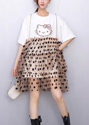 Cute White Ruffled Dot Patchwork Cotton Mid Dress Summer