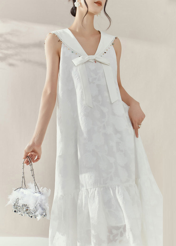 Cute White Sailor Collar Patchwork Party Long Dress Sleeveless