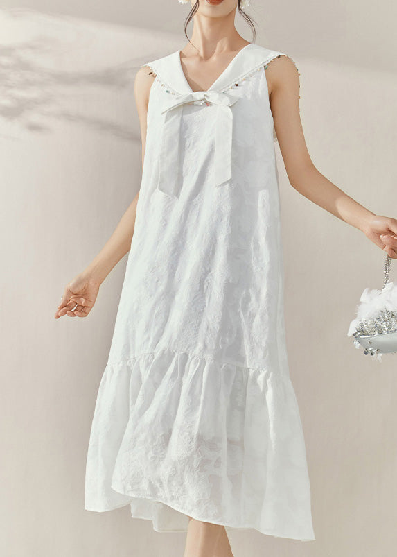 Cute White Sailor Collar Patchwork Party Long Dress Sleeveless