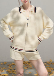 Cute White Zip Up Striped Knit 3 Piece Outfit Fall