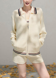 Cute White Zip Up Striped Knit 3 Piece Outfit Fall