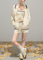 Cute White Zip Up Striped Knit 3 Piece Outfit Fall