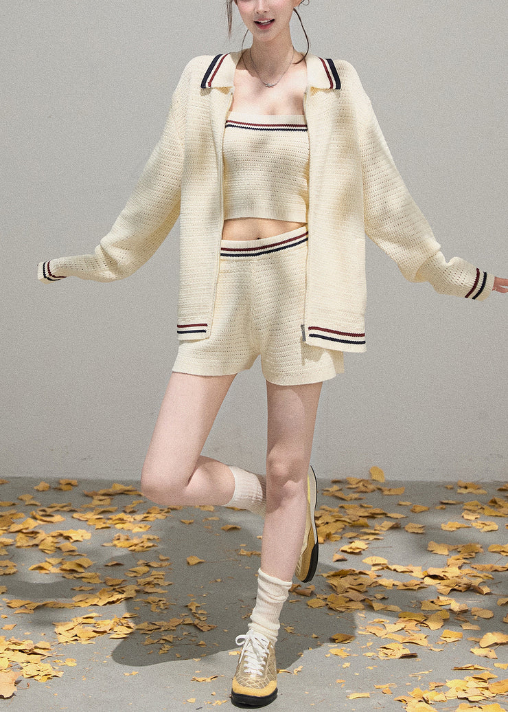 Cute White Zip Up Striped Knit 3 Piece Outfit Fall