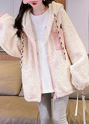 Cute White Zippered Patchwork Pockets Warm Fleece Faux Fur Hooded Parkas Winter