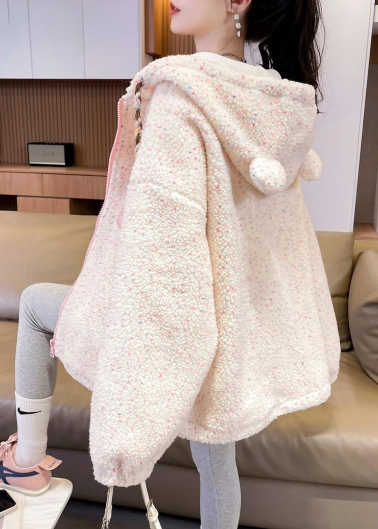 Cute White Zippered Patchwork Pockets Warm Fleece Faux Fur Hooded Parkas Winter
