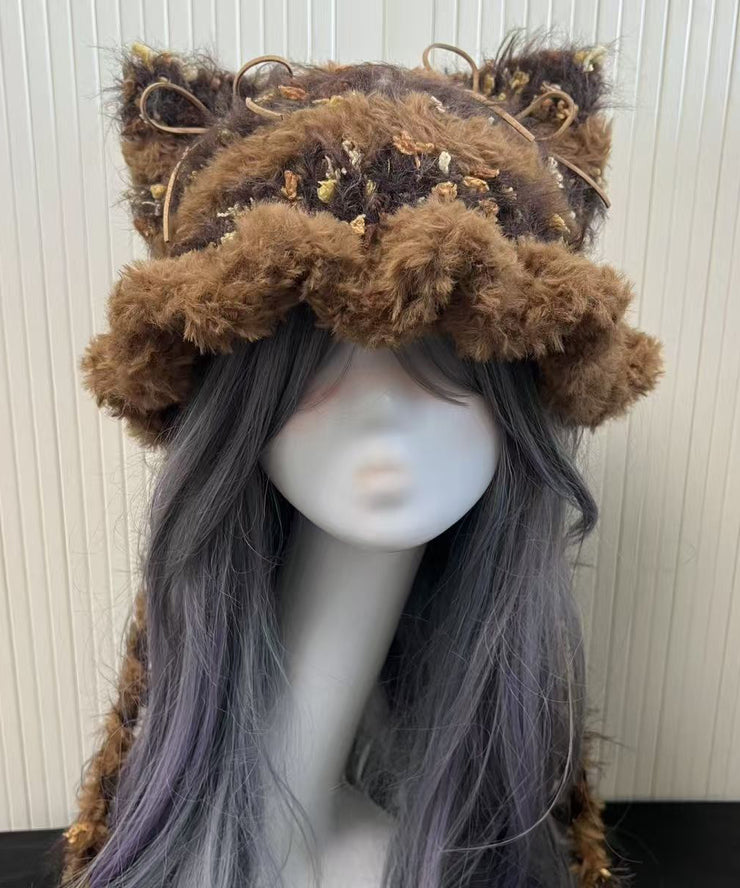 Cute Winter Knitted Patchwork Fuzzy Fur Thick Warm Hat