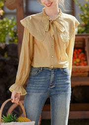 Cute Yellow Sailor Collar Patchwork Shirts Lantern Sleeve