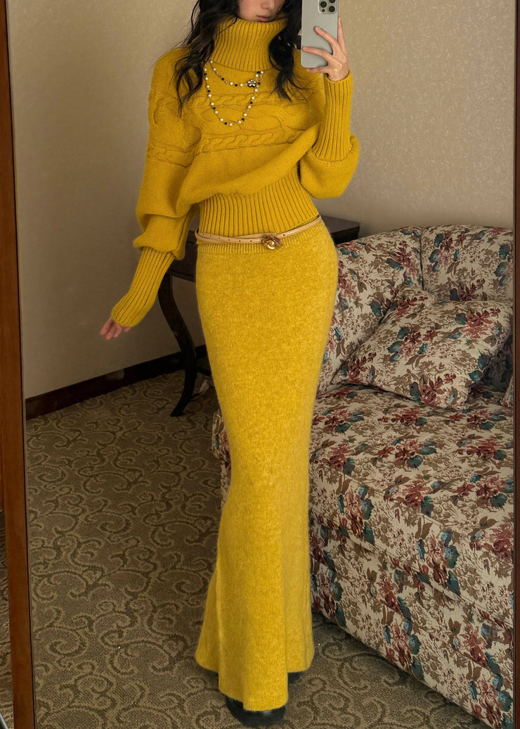 Cute Yellow Turtleneck Patchwork Cotton Knit Sweater And Maxi Skirts Two Piece Set Fall