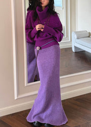 Cute Yellow Turtleneck Patchwork Cotton Knit Sweater And Maxi Skirts Two Piece Set Fall