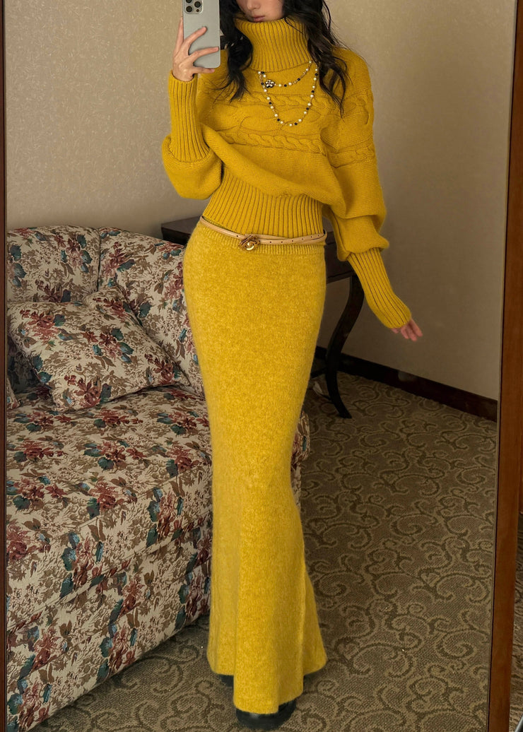 Cute Yellow Turtleneck Patchwork Cotton Knit Sweater And Maxi Skirts Two Piece Set Fall