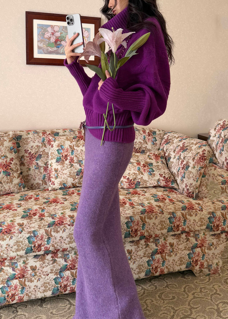 Cute Yellow Turtleneck Patchwork Cotton Knit Sweater And Maxi Skirts Two Piece Set Fall