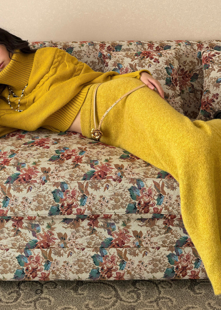 Cute Yellow Turtleneck Patchwork Cotton Knit Sweater And Maxi Skirts Two Piece Set Fall