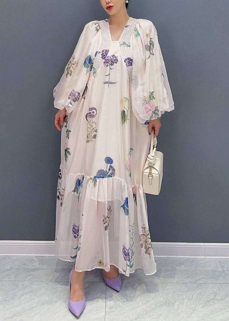 DIY Apricot Oversized Print Chiffon Holiday Dress Summer