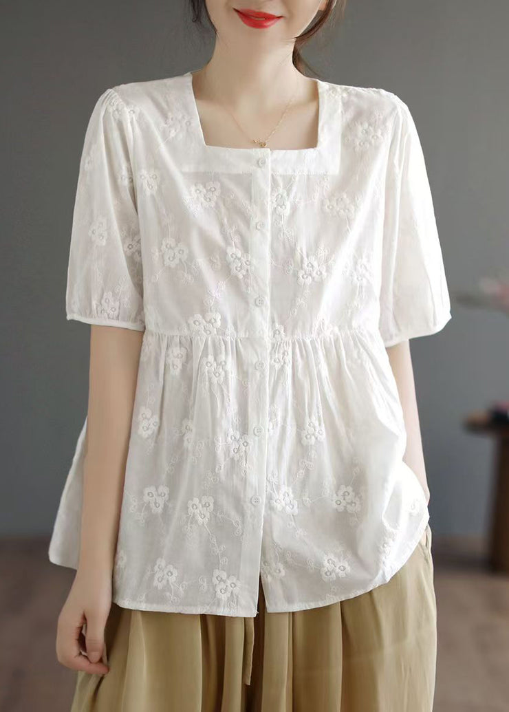DIY Apricot Square Collar Embroidered Cotton Tops Summer