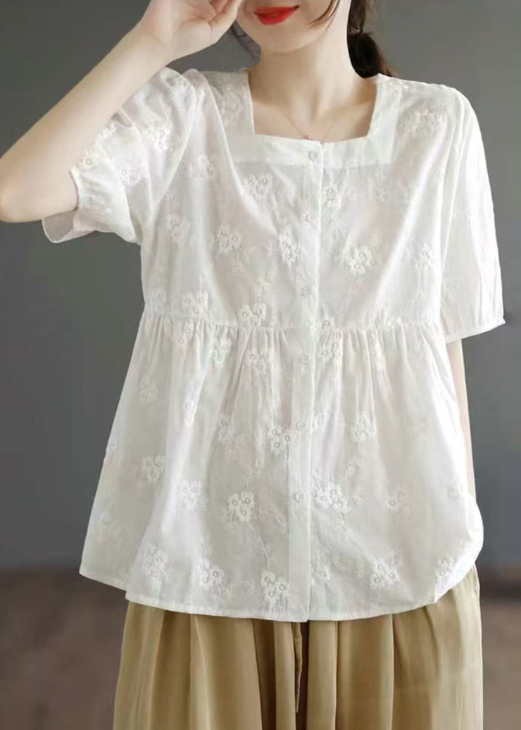 DIY Apricot Square Collar Embroidered Cotton Tops Summer