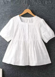 DIY Apricot Square Collar Embroidered Cotton Tops Summer