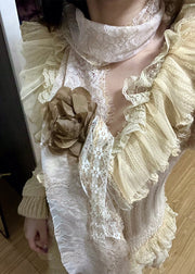 DIY Beige Asymmetrical Patchwork Flower Decorated Knit Jackets Fall