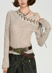 DIY Beige One Shoulder Cross Strap Knit Tops Spring