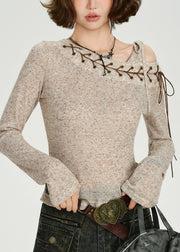 DIY Beige One Shoulder Cross Strap Knit Tops Spring