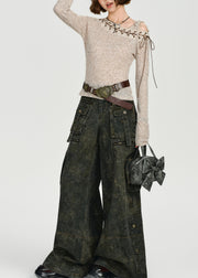 DIY Beige One Shoulder Cross Strap Knit Tops Spring