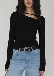 DIY Black Asymmetrical Design Cotton Tops Fall