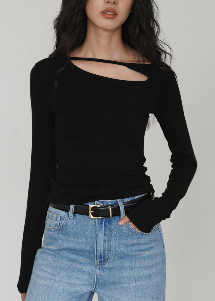 DIY Black Asymmetrical Design Cotton Tops Fall